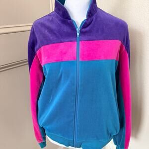 Jantzen 80s Velour Colorblock Track Zip Jacket Turquoise Purple L Vintage Retro